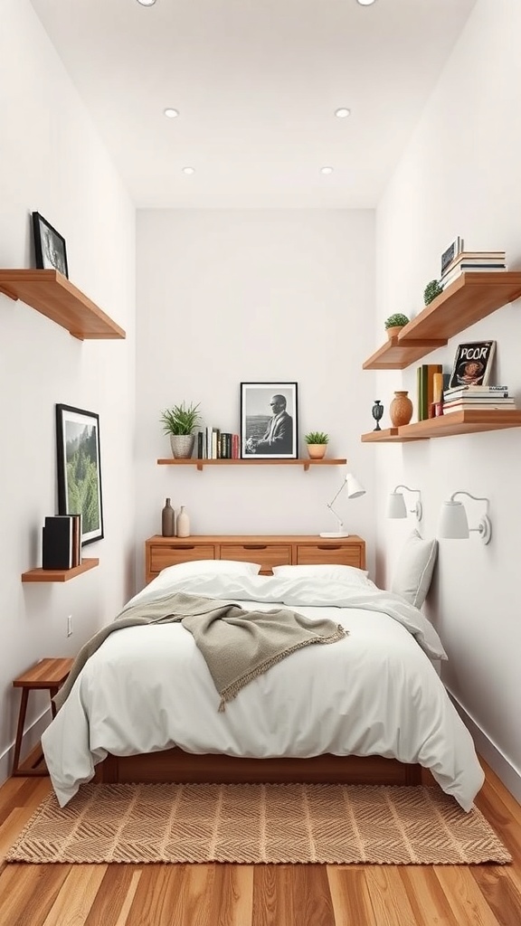 A long narrow bedroom featuring floating shelves with books and plants, a bed with white bedding, and wooden flooring.