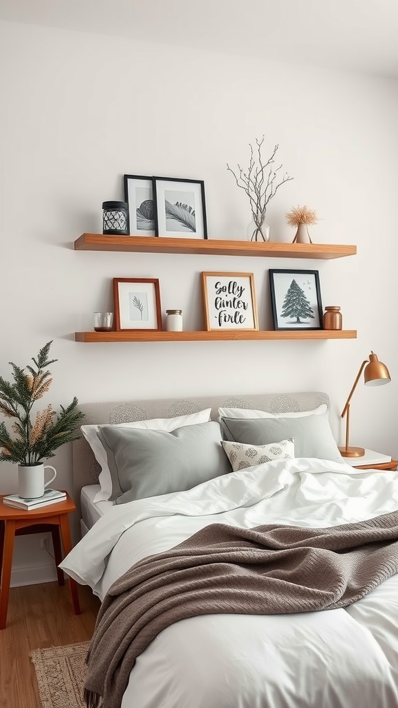 A cozy bedroom featuring floating shelves with decorative items.
