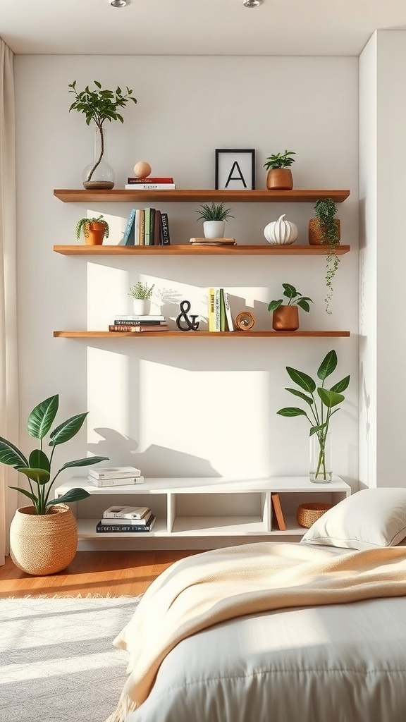 A cozy living room with floating shelves displaying plants, books, and decorative items.