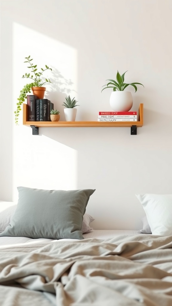 A floating shelf with books and decorative plants against a light wall.