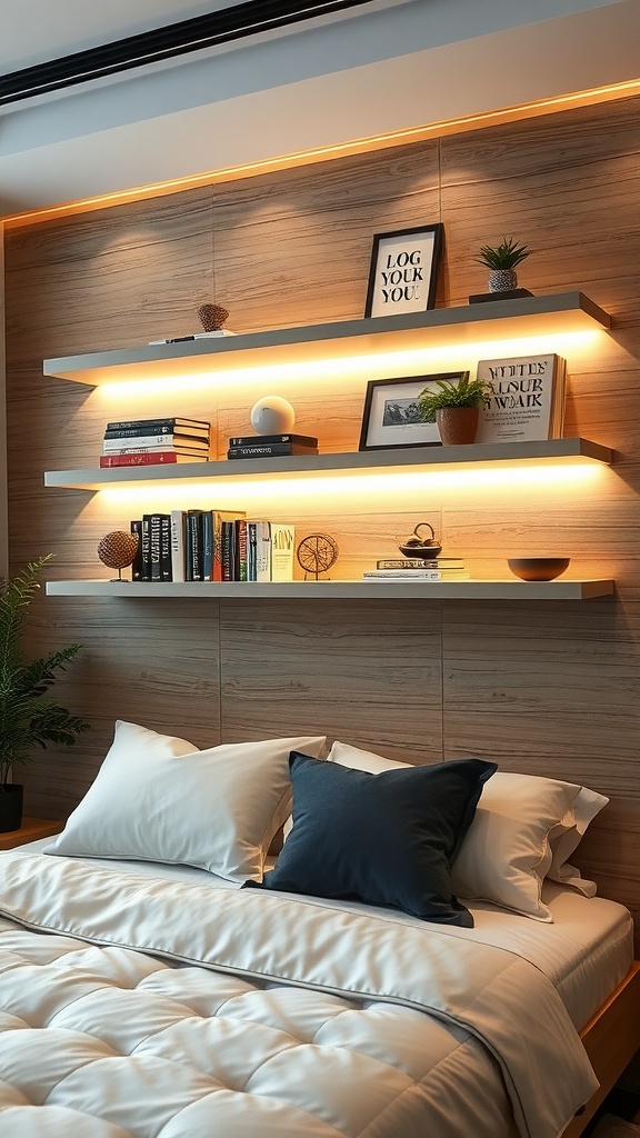 A cozy bedroom featuring floating shelves with integrated lighting, showcasing books and decorative items.