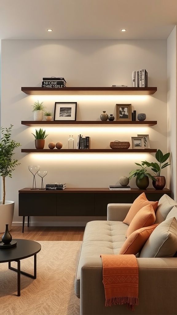Floating shelves with LED lighting in a modern living room setting