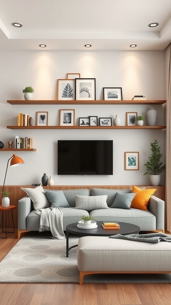 Living room with floating shelves displaying pictures and decorative items above a sofa.