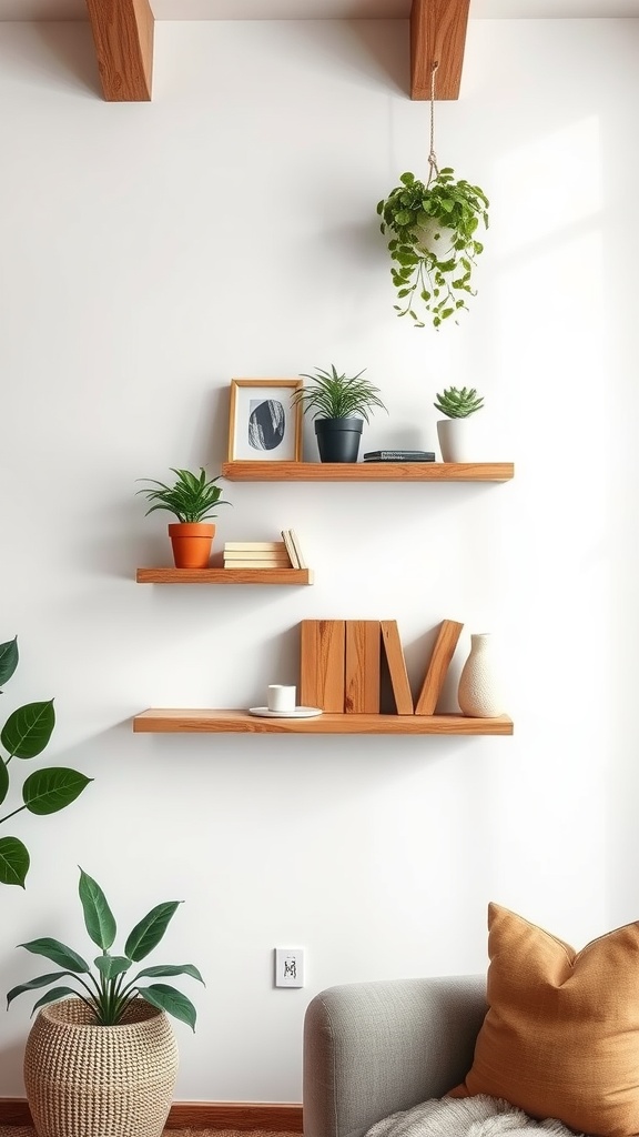 Floating wooden shelves adorned with potted plants and decorative items in a living room.