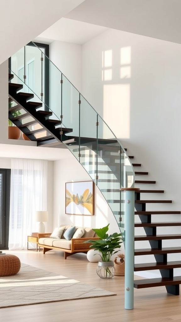 A modern floating staircase with glass railings in a bright hallway