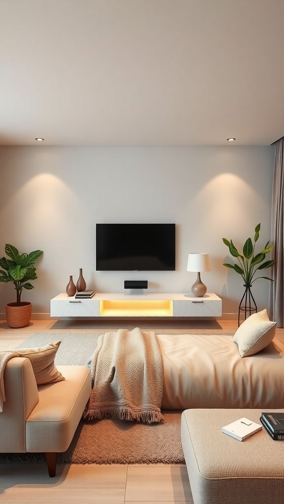 A modern living room featuring a floating TV stand with accent lighting, plants, and cozy furniture.