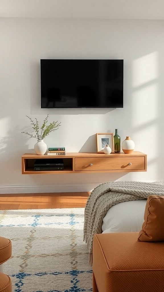 A modern living room featuring a floating TV stand with decorative elements like vases and a picture frame.
