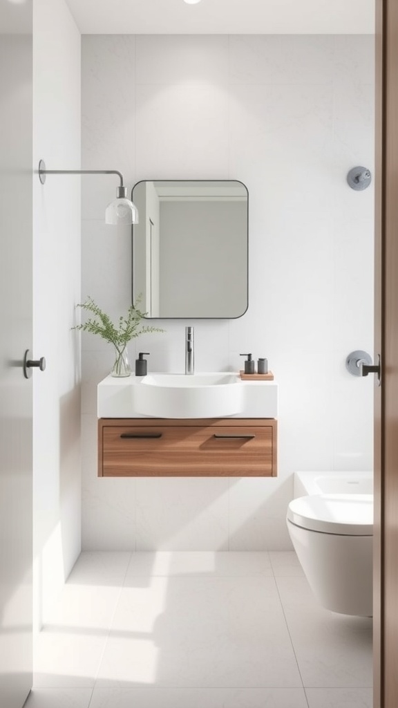 Modern small bathroom with a floating vanity and round mirror