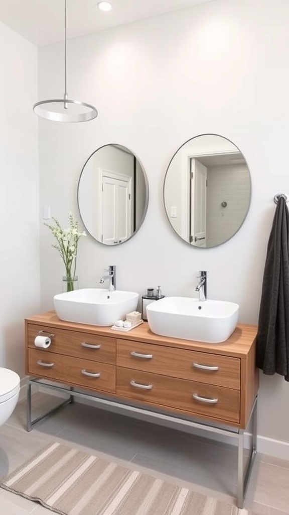 Modern floating vanity with dual sinks and round mirrors in a bathroom