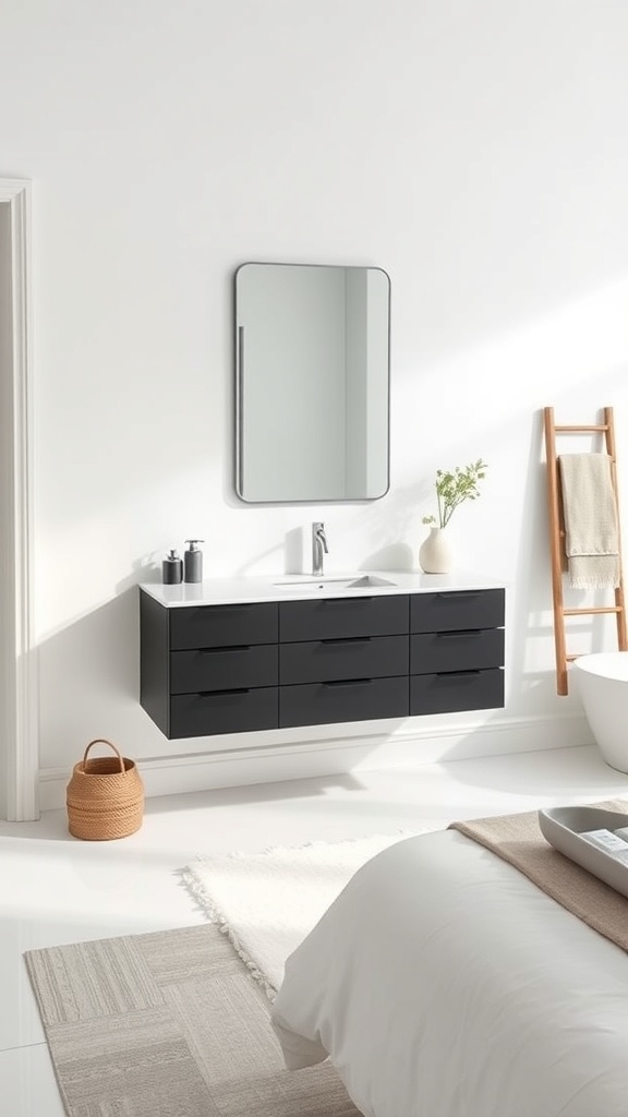 A minimalist bathroom featuring a floating black vanity with clean lines, a rectangular mirror, and a small plant.