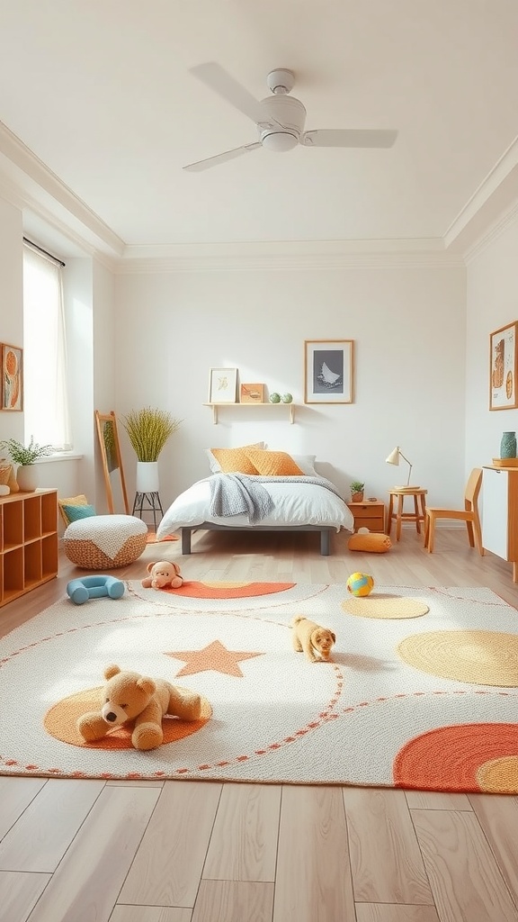 A bright and inviting toddler bedroom with a soft rug, toys scattered around, and a low bed, promoting a playful and safe environment.