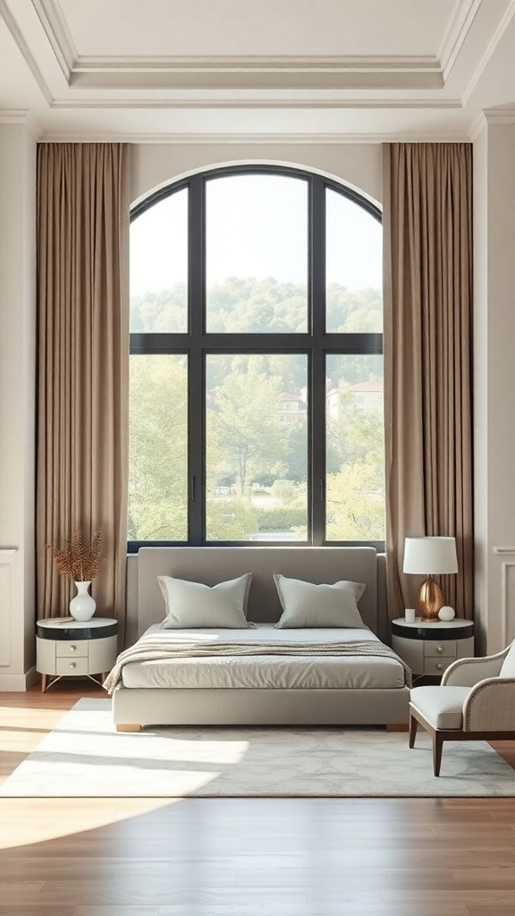 A modern bedroom featuring floor-to-ceiling drapes, a large window, and stylish furniture.