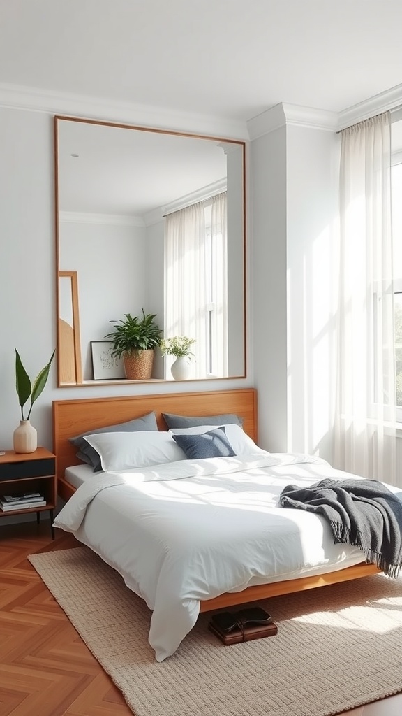 A bright bedroom featuring a floor-to-ceiling mirror, a wooden bed, and soft textiles.