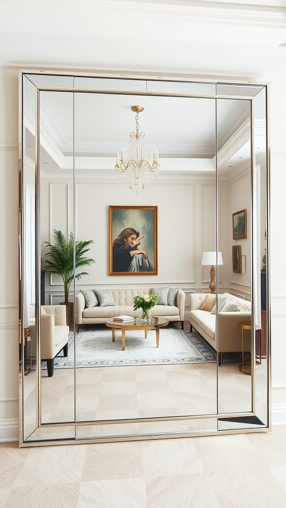 Floor-to-ceiling mirror reflecting a cozy living room with light furniture and decor.