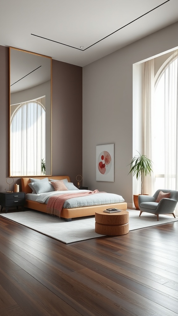 A stylish living room featuring a floor-to-ceiling mirror, modern furniture, and warm colors.