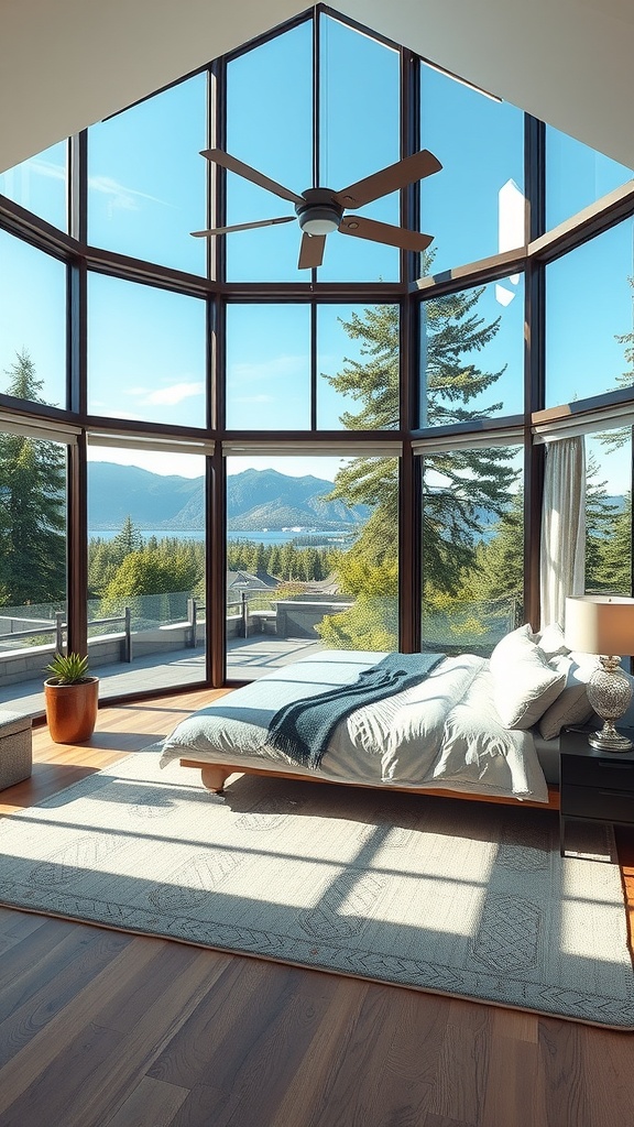 A luxurious master bedroom featuring floor-to-ceiling windows with a view of trees and mountains.