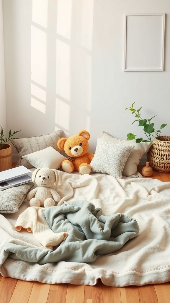 Cozy floor bed setup with soft pillows, plush toys, and a blanket