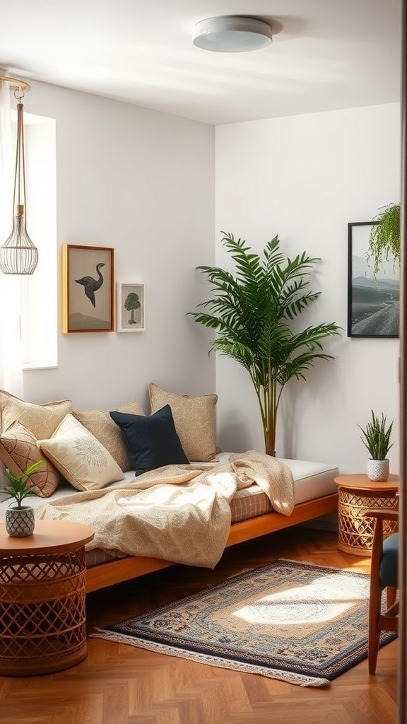 Cozy floor bed setup in a small room with plants and decorative pillows.