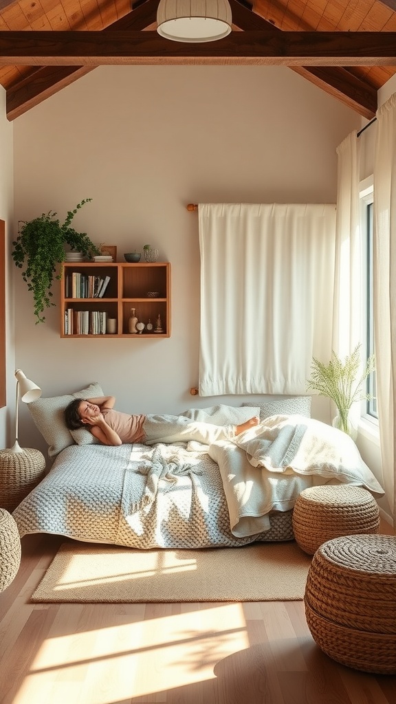 A cozy bedroom with a toddler sleeping on a floor bed, surrounded by natural light and soft textures.