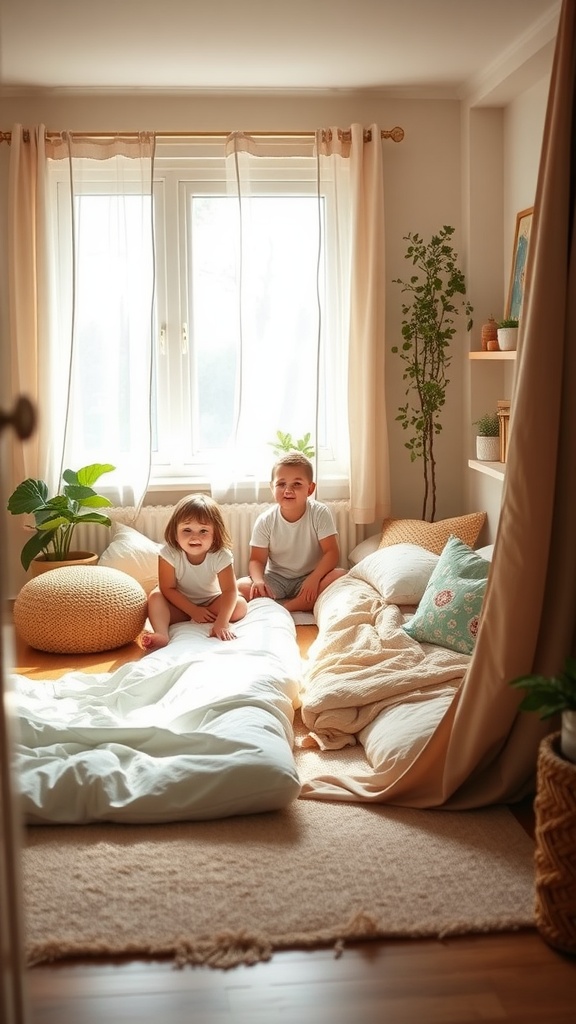 Two children playing in a cozy room with floor beds and natural light