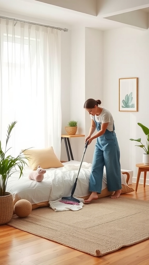A parent cleaning a floor bed toddler setup with a mop in a bright room
