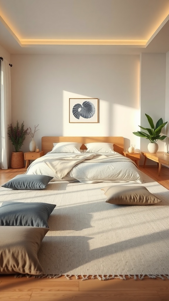 A serene bedroom with a bed, floor cushions, and plants, creating a cozy atmosphere.