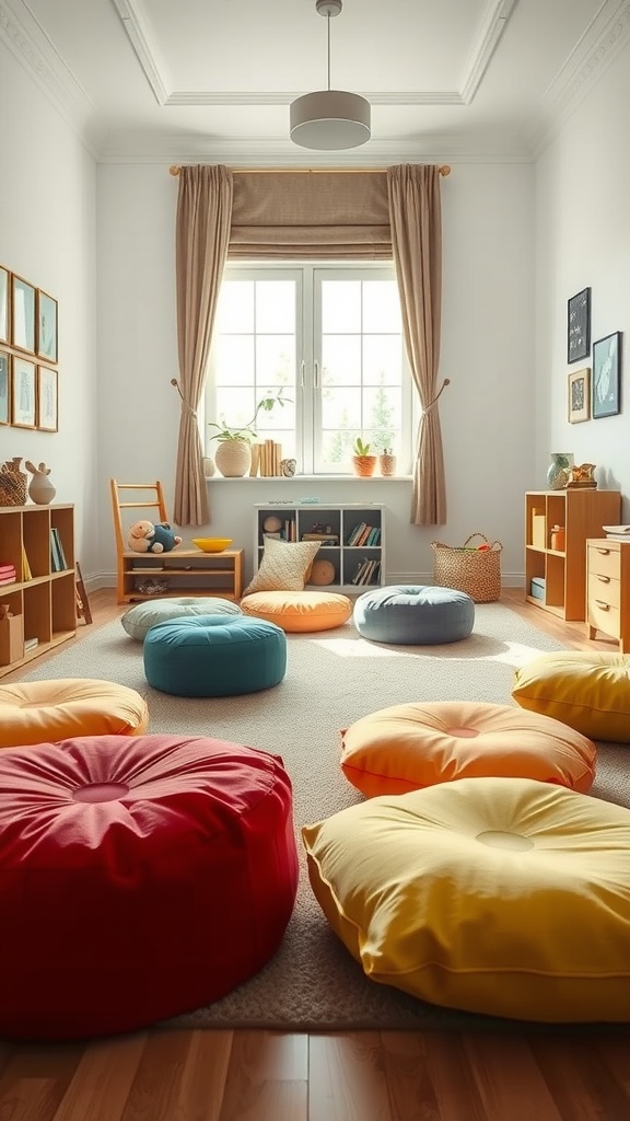 Colorful floor cushions in a bright and cozy toddler bedroom
