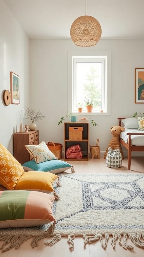 A cozy Montessori toddler bedroom featuring colorful floor cushions, a soft rug, and a warm atmosphere.