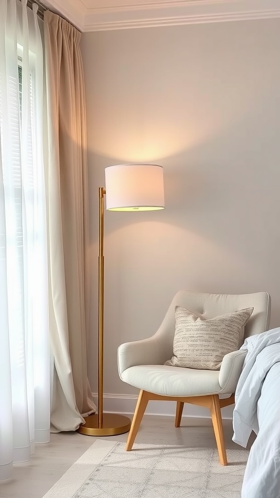 A modern floor lamp beside a comfortable chair in a cozy bedroom setting.