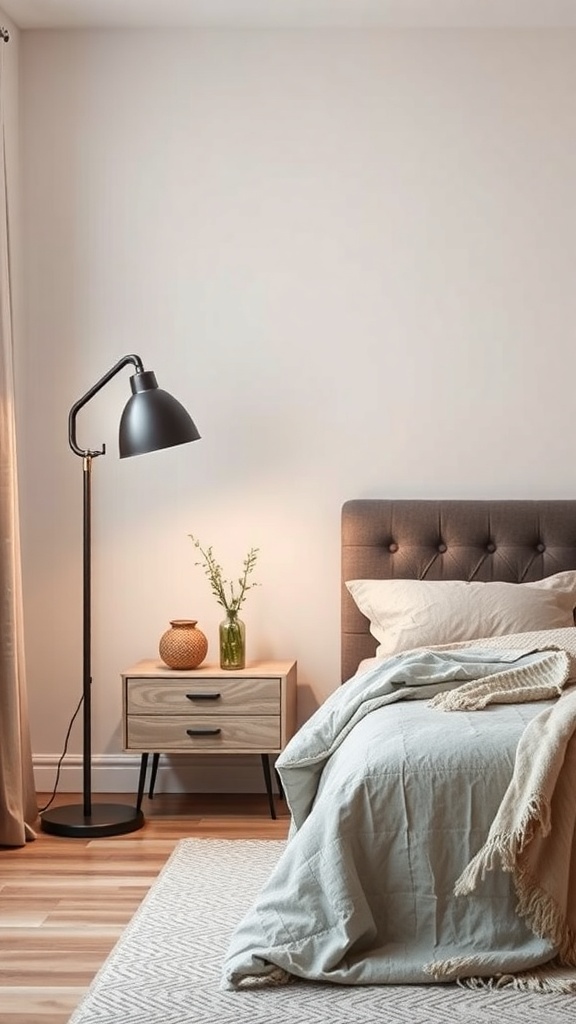 A cozy bedroom featuring a stylish floor lamp with adjustable brightness next to a neatly made bed.