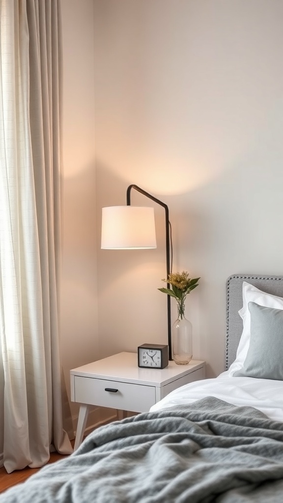 A cozy bedroom featuring a floor lamp with adjustable brightness next to a bed and a nightstand.