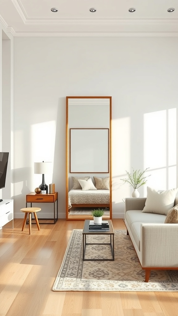 A spacious living room featuring a tall floor mirror, modern furniture, and natural light.