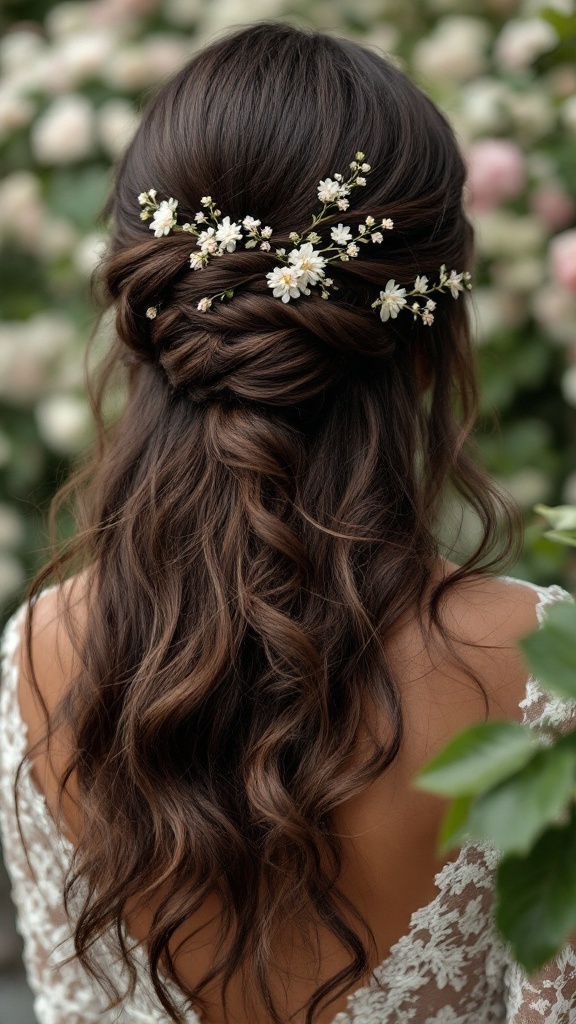 Brunette hair styled in loose waves with floral embellishments