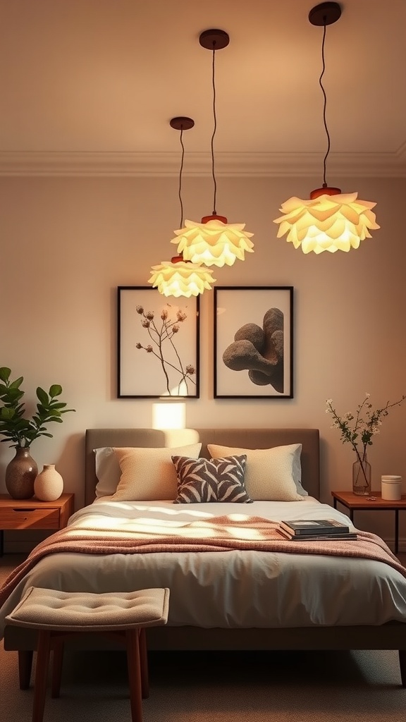 A cozy bedroom with floral-inspired pendant lights hanging above the bed.
