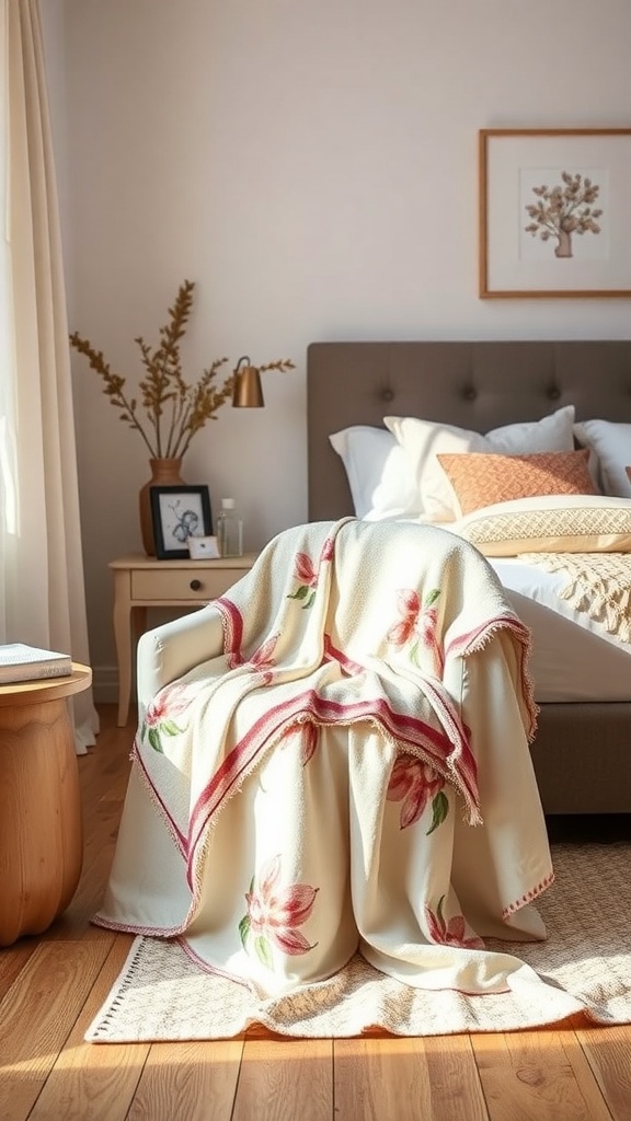 A cozy bedroom featuring a floral-printed throw draped over a chair, with soft lighting and a warm atmosphere.