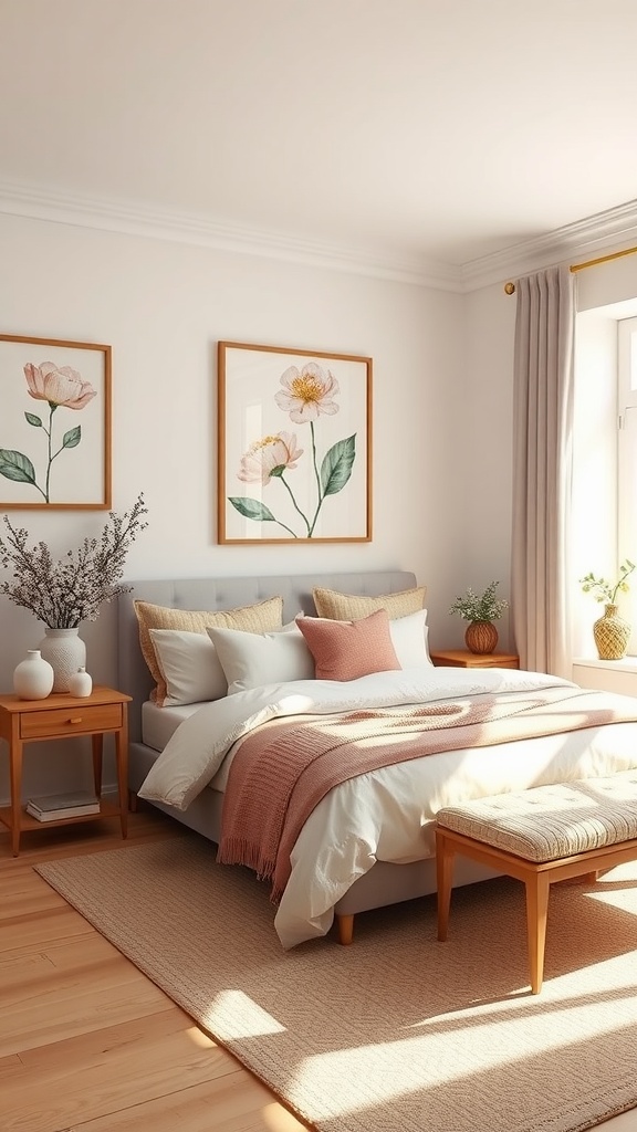 A cozy bedroom featuring floral-themed artwork above the bed, with soft colors and warm tones.