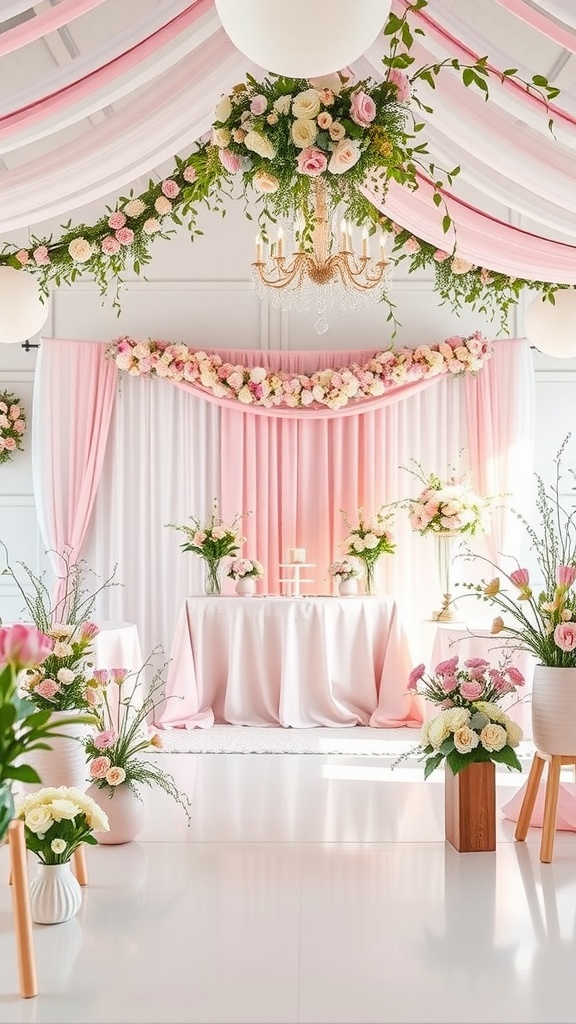 A beautifully decorated baby shower space with pink and white floral arrangements, draped fabrics, and a chandelier.