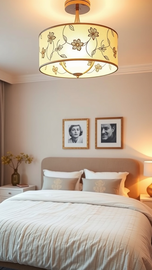 A floral-themed pendant light hanging above a bed in a cozy bedroom.