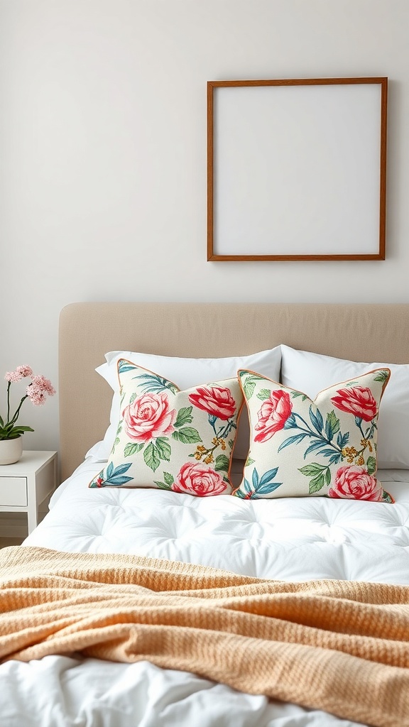 A cozy bedroom featuring floral accent pillows on a bed with white bedding and an orange throw blanket.