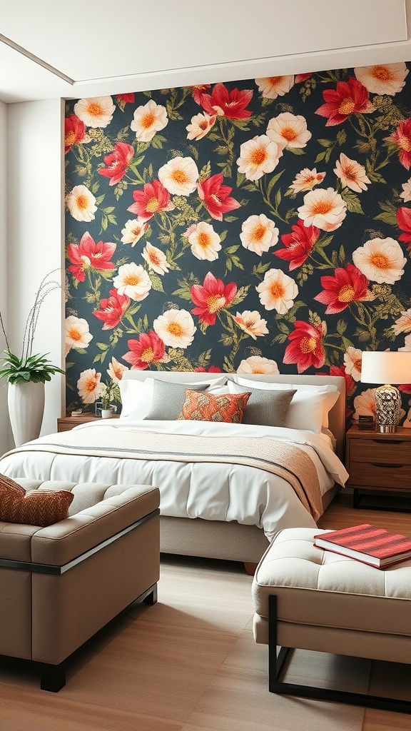 A bedroom featuring a floral accent wall with vibrant flowers on a dark background, complemented by neutral bedding and furniture.