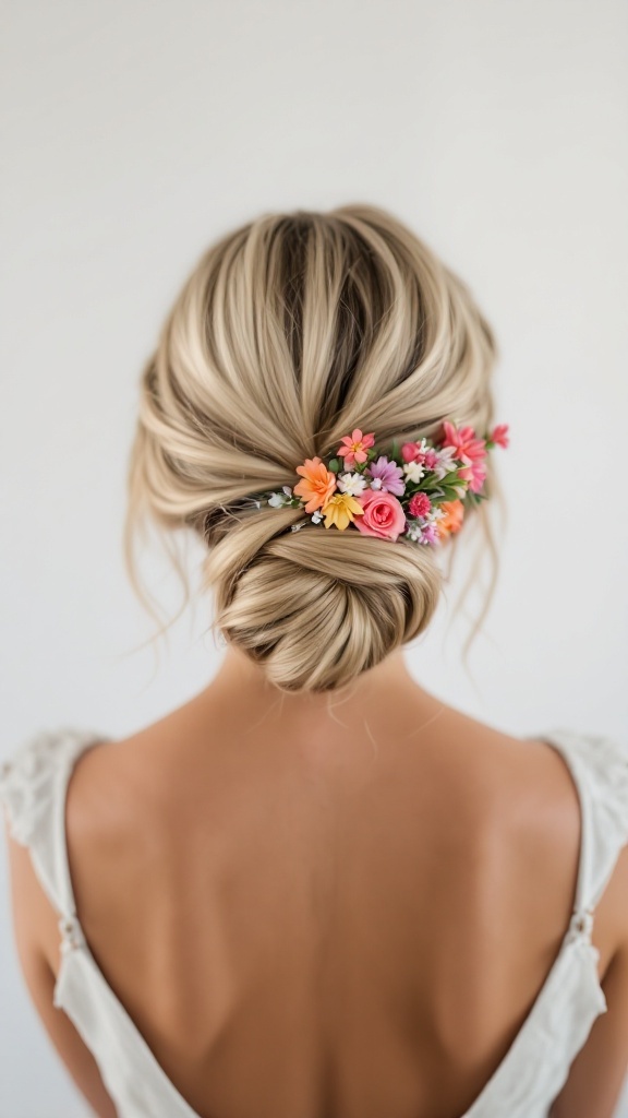 A hairstyle featuring a low bun adorned with colorful flowers, showcasing a beautiful and elegant look.