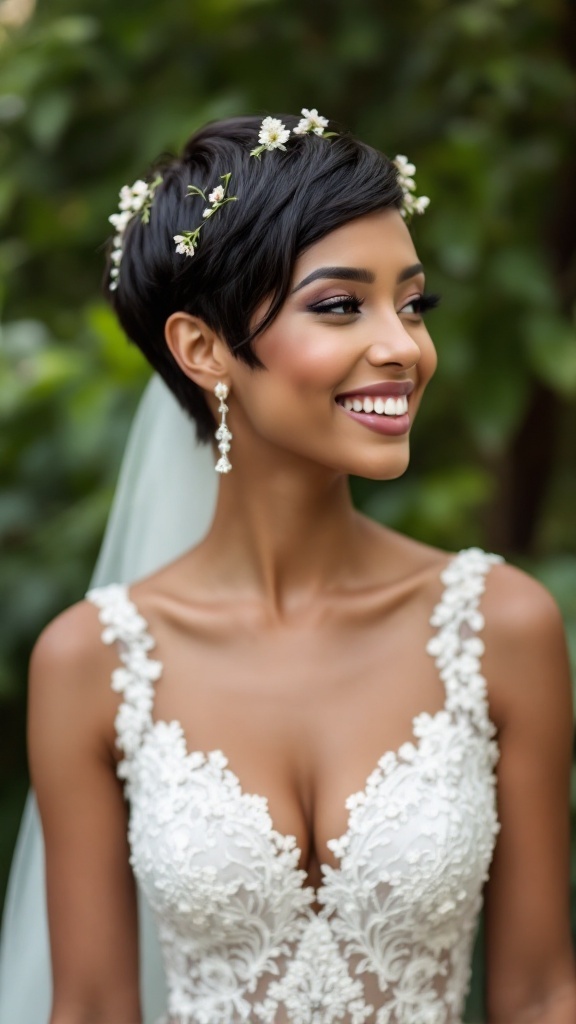 A bride with a floral accented pixie cut, wearing an elegant wedding dress and smiling.
