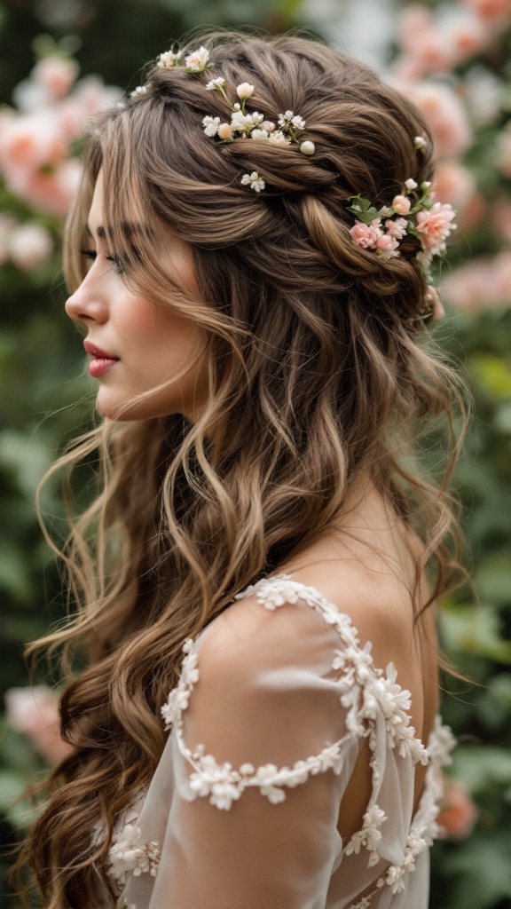 A woman with long wavy hair styled half up half down, adorned with small floral accents.