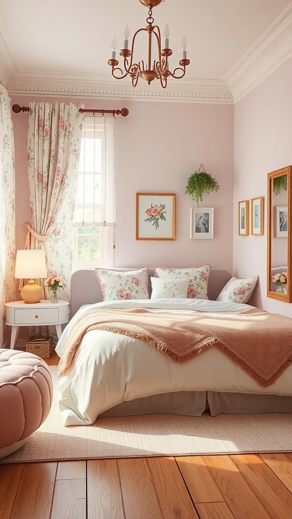 A cozy girly room featuring floral curtains, cushions, and a soft pink color scheme.