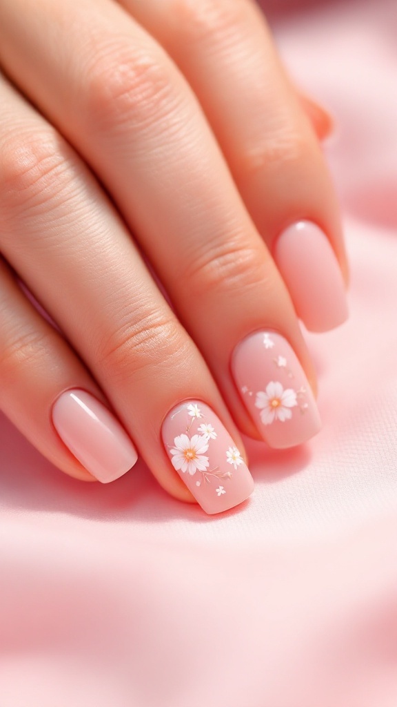Beautiful short nails with floral designs on a pink background, surrounded by flowers.