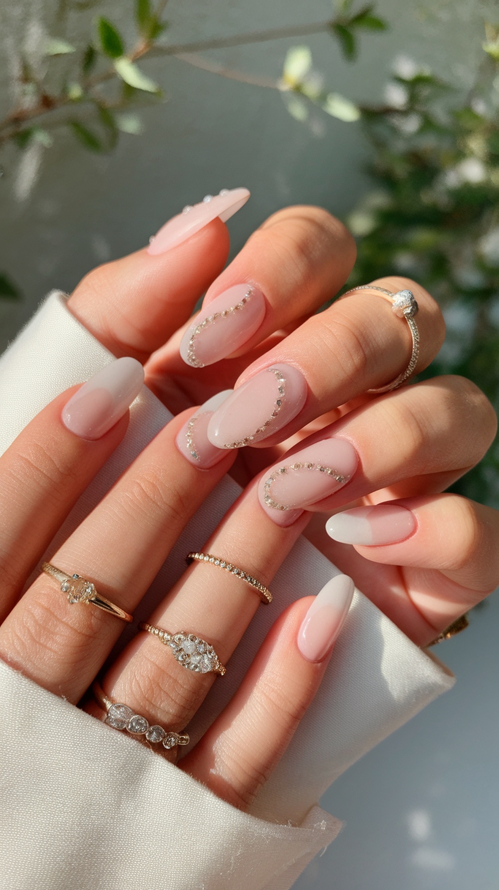 Square nails with floral accents and delicate rings