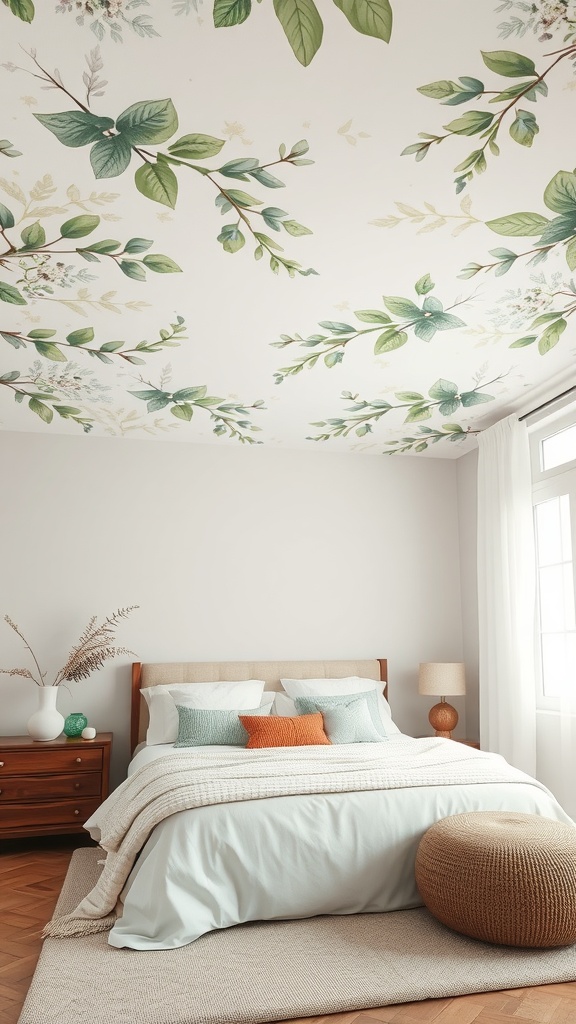 A cozy bedroom with a floral-themed ceiling featuring green leaves, a light blue duvet, and colorful pillows.