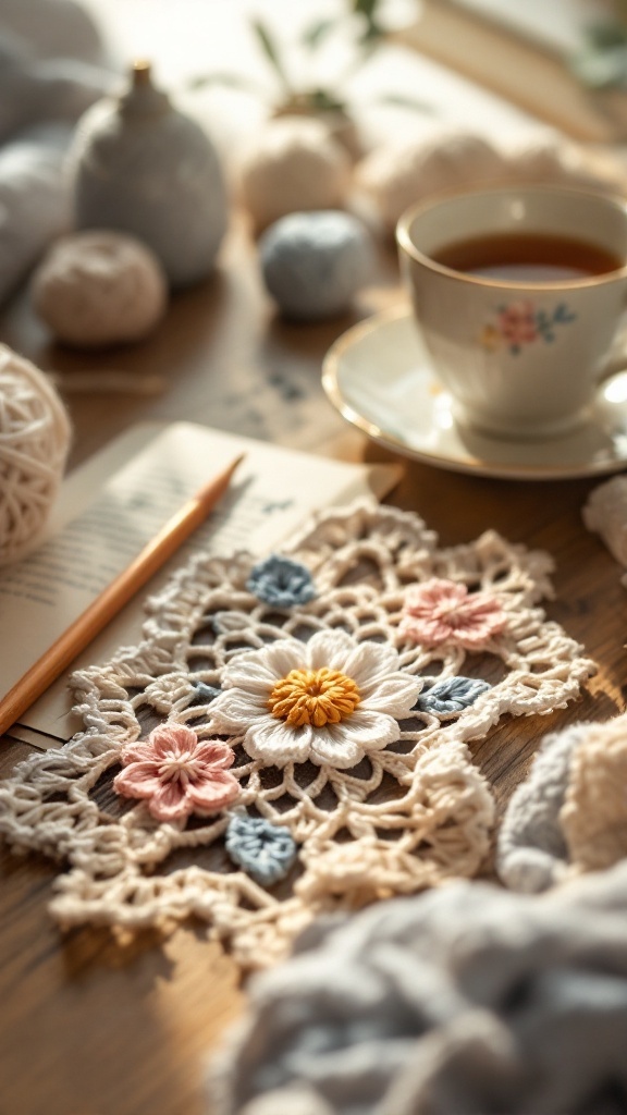 A beautifully crafted floral appliqué bookmark with colorful flowers, resting on a wooden table next to a cup of tea.