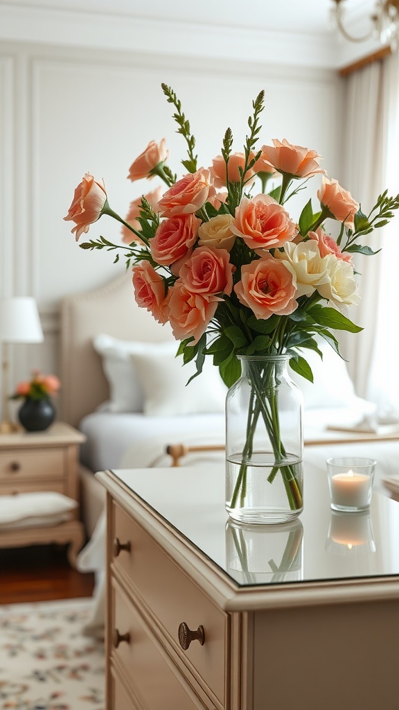 A beautiful floral arrangement of pink and cream roses in a glass vase on a nightstand, with a cozy bedroom in the background.