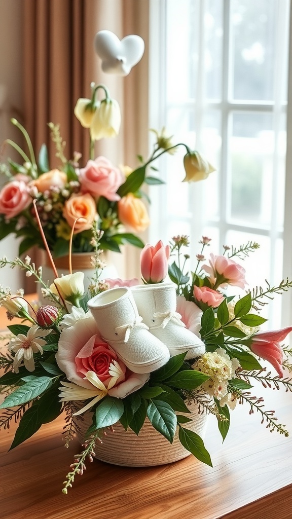 A floral arrangement featuring roses, tulips, and a pair of white baby shoes.
